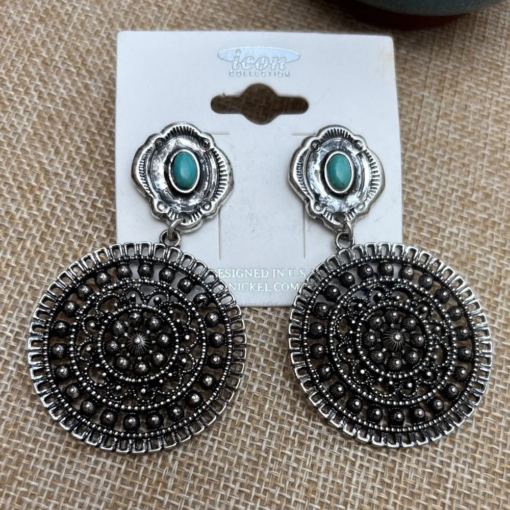 ICON Silver-Tone Filigree Drop Earrings with Turquoise Accents - Picture 1 of 5